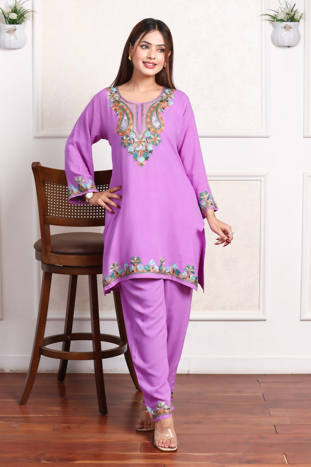 Lavender Kashmiri Embroidered Rayon Cotton Co-Ord Set