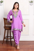 Lavender Kashmiri Embroidered Rayon Cotton Co-Ord Set