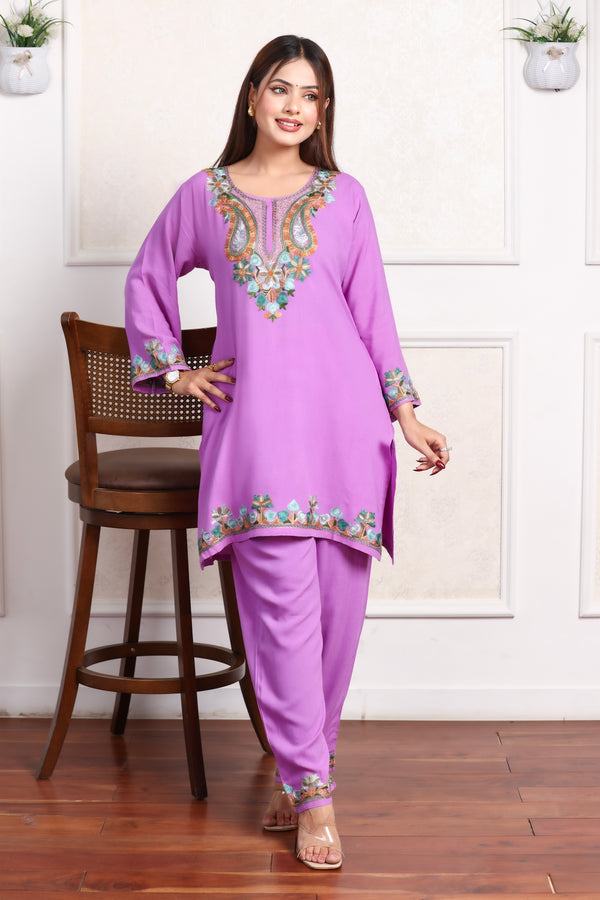Lavender Kashmiri Embroidered Rayon Cotton Co-Ord Set