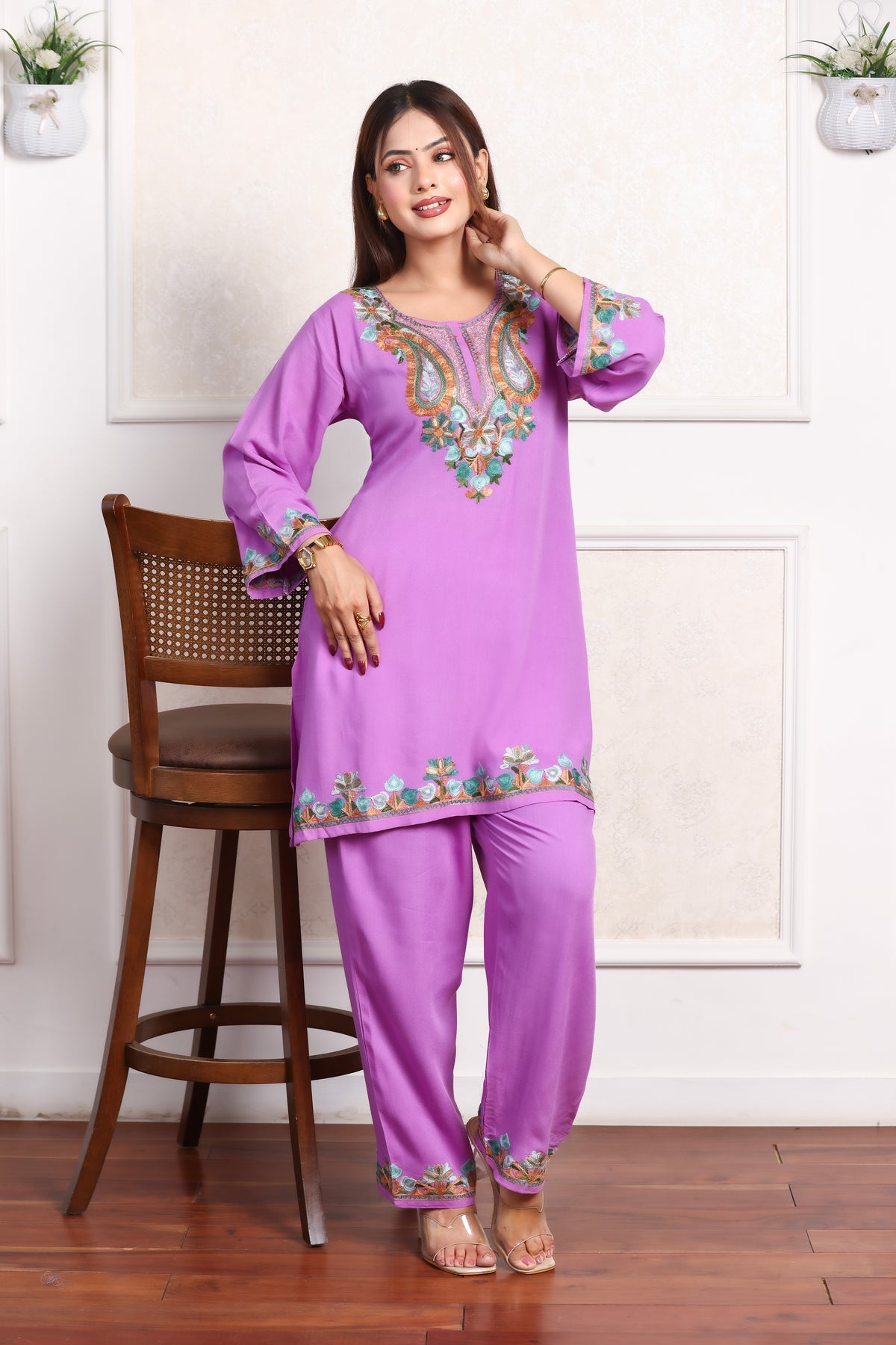 Lavender Kashmiri Embroidered Rayon Cotton Co-Ord Set