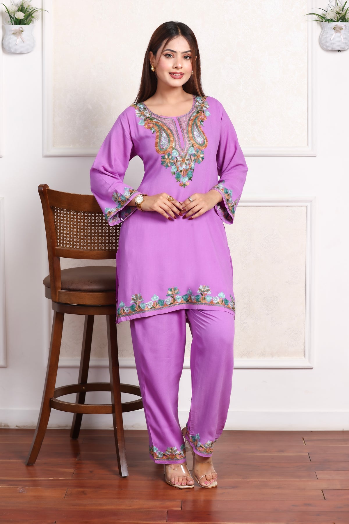 Lavender Kashmiri Embroidered Rayon Cotton Co-Ord Set