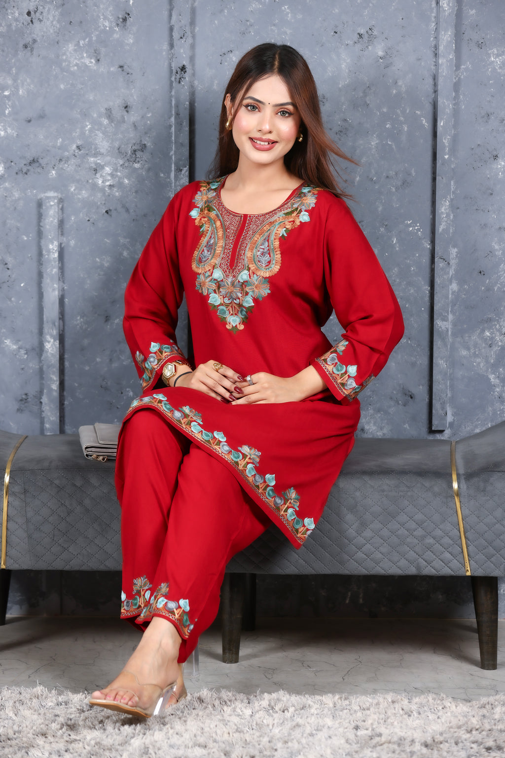 Maroon Kashmiri Embroidered Rayon Cotton Co-Ord Set