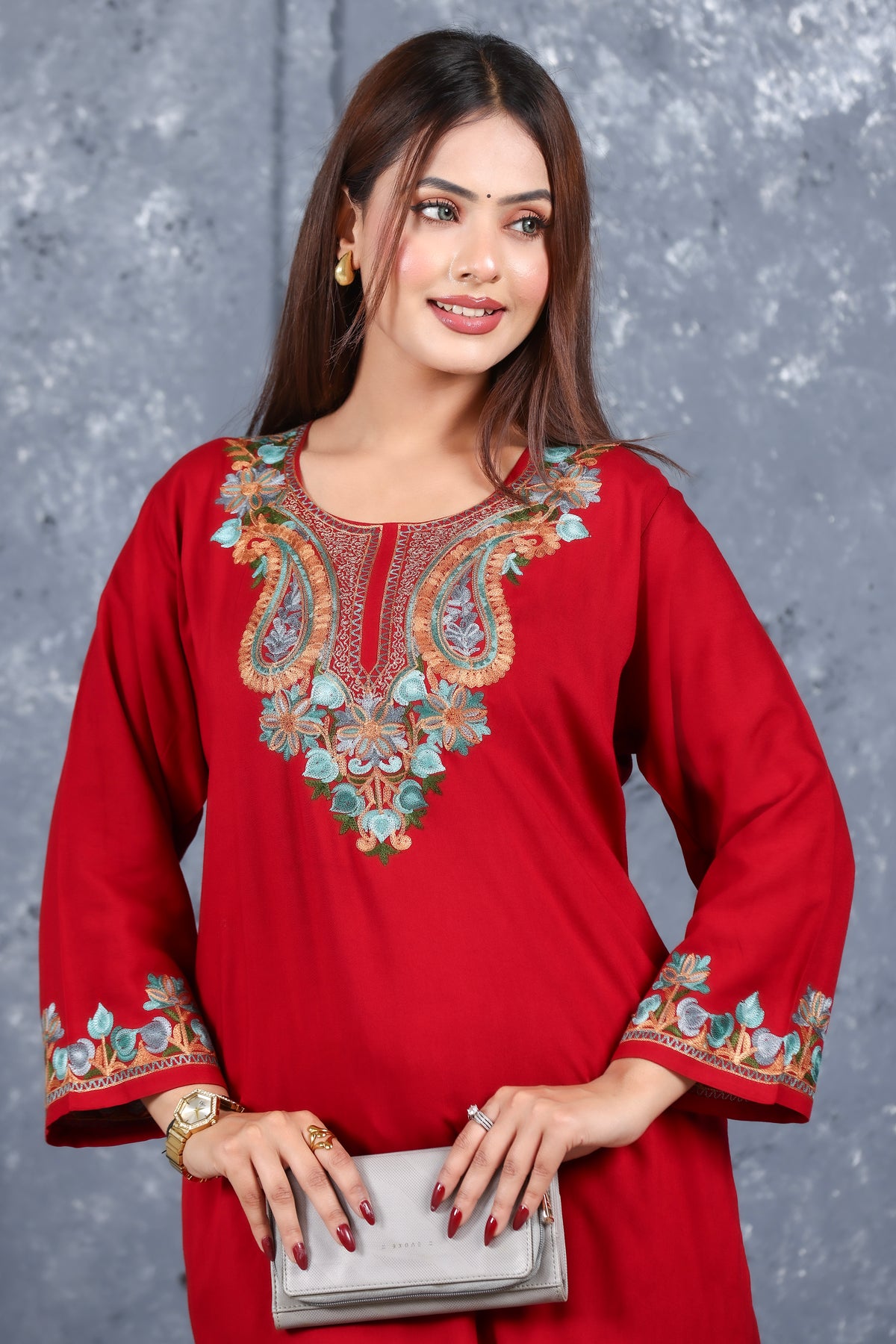 Maroon Kashmiri Embroidered Rayon Cotton Co-Ord Set