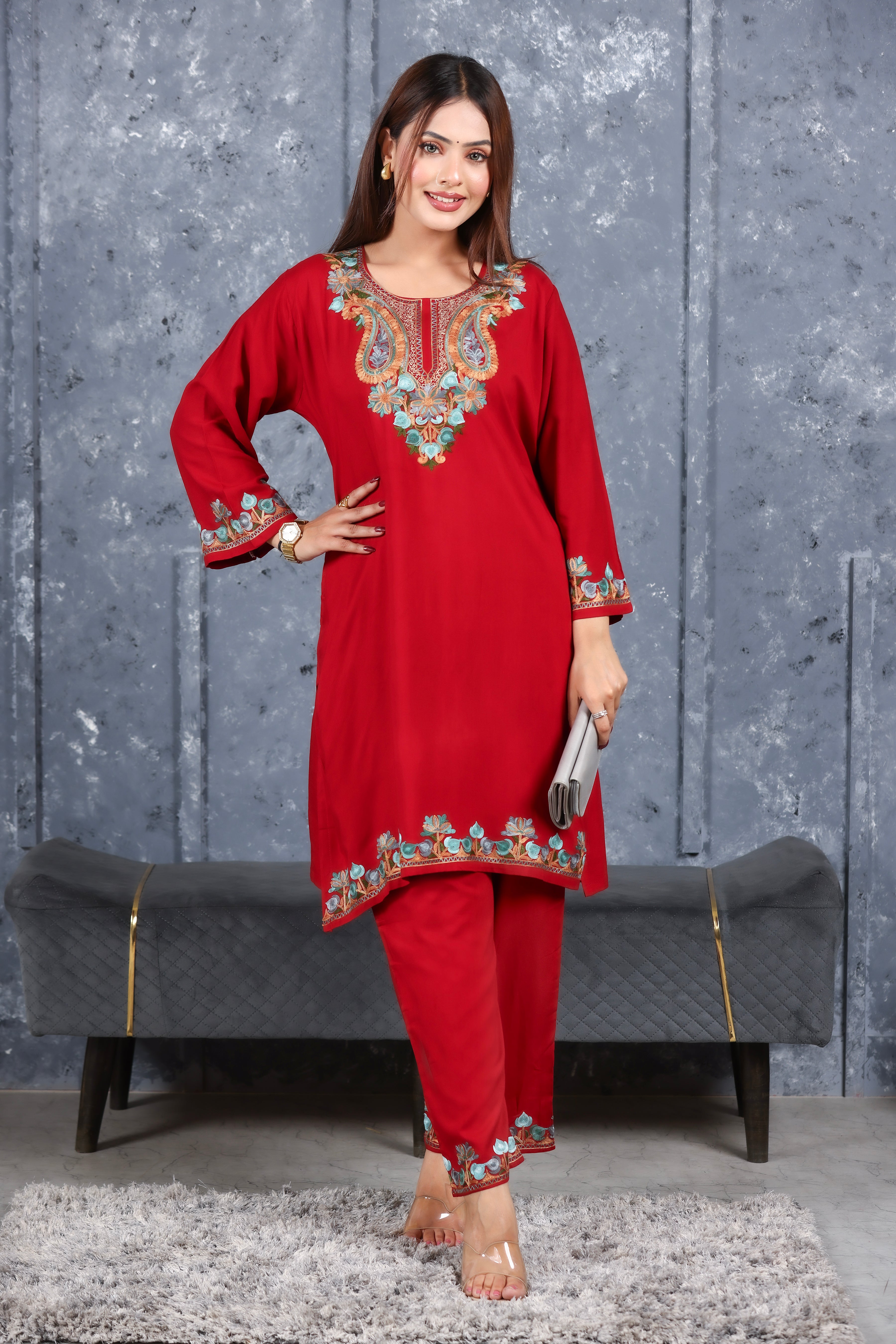 Maroon Kashmiri Embroidered Rayon Cotton Co-Ord Set