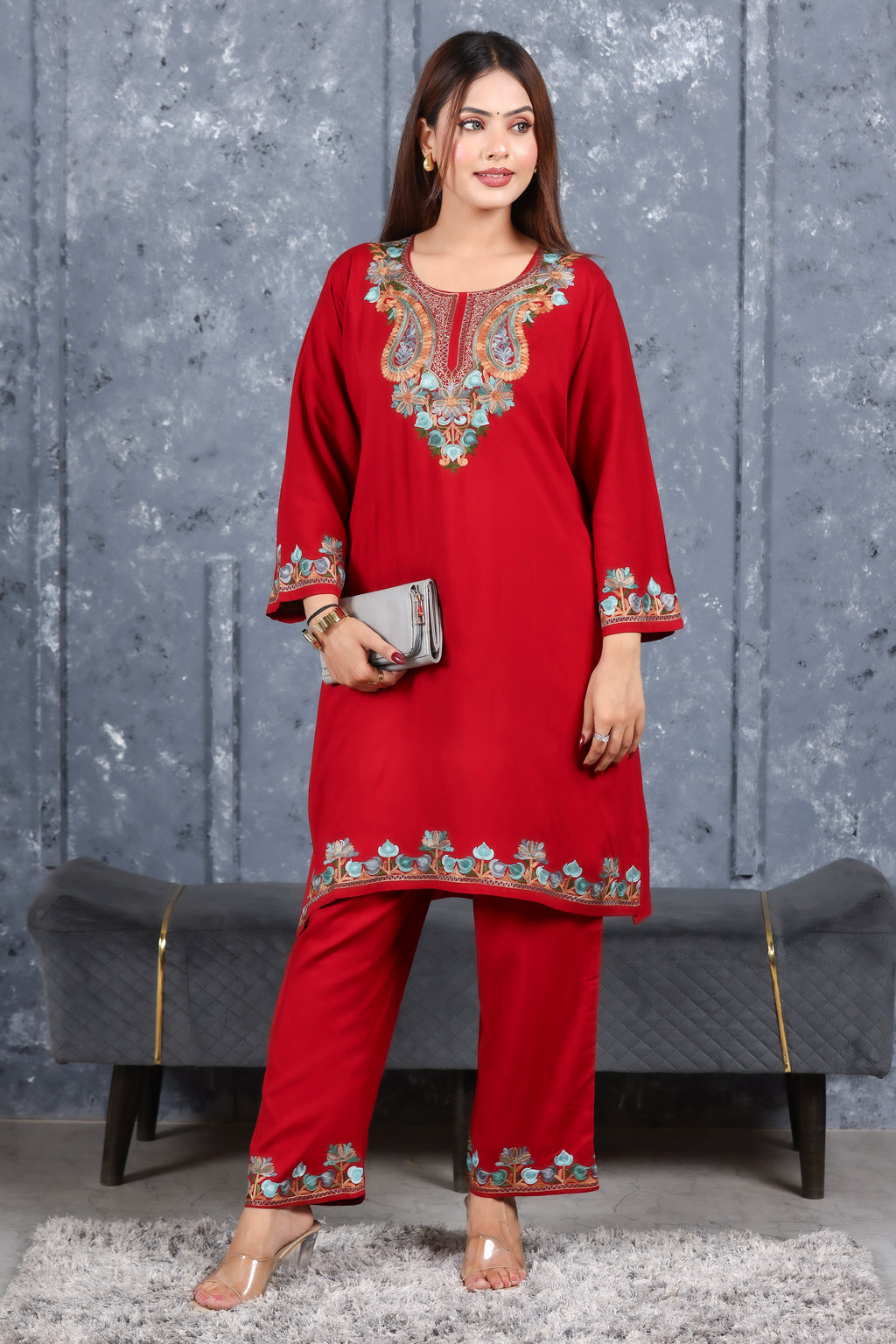 Maroon Kashmiri Embroidered Rayon Cotton Co-Ord Set