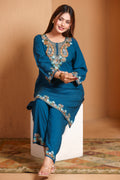 Navy Kashmiri Embroidered Rayon Cotton Co-Ord Set