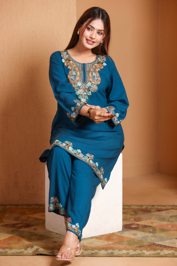 Navy Kashmiri Embroidered Rayon Cotton Co-Ord Set