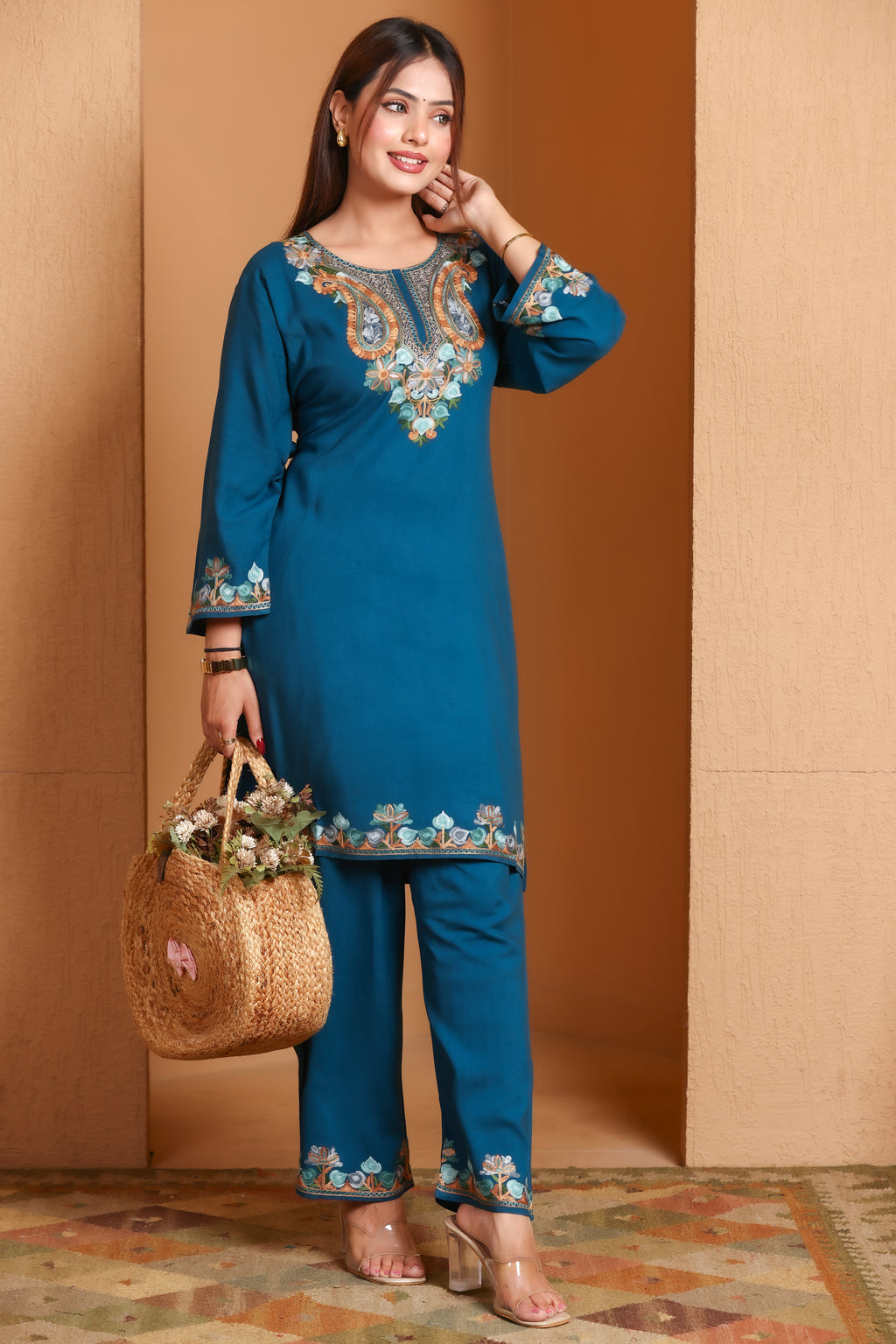 Navy Kashmiri Embroidered Rayon Cotton Co-Ord Set
