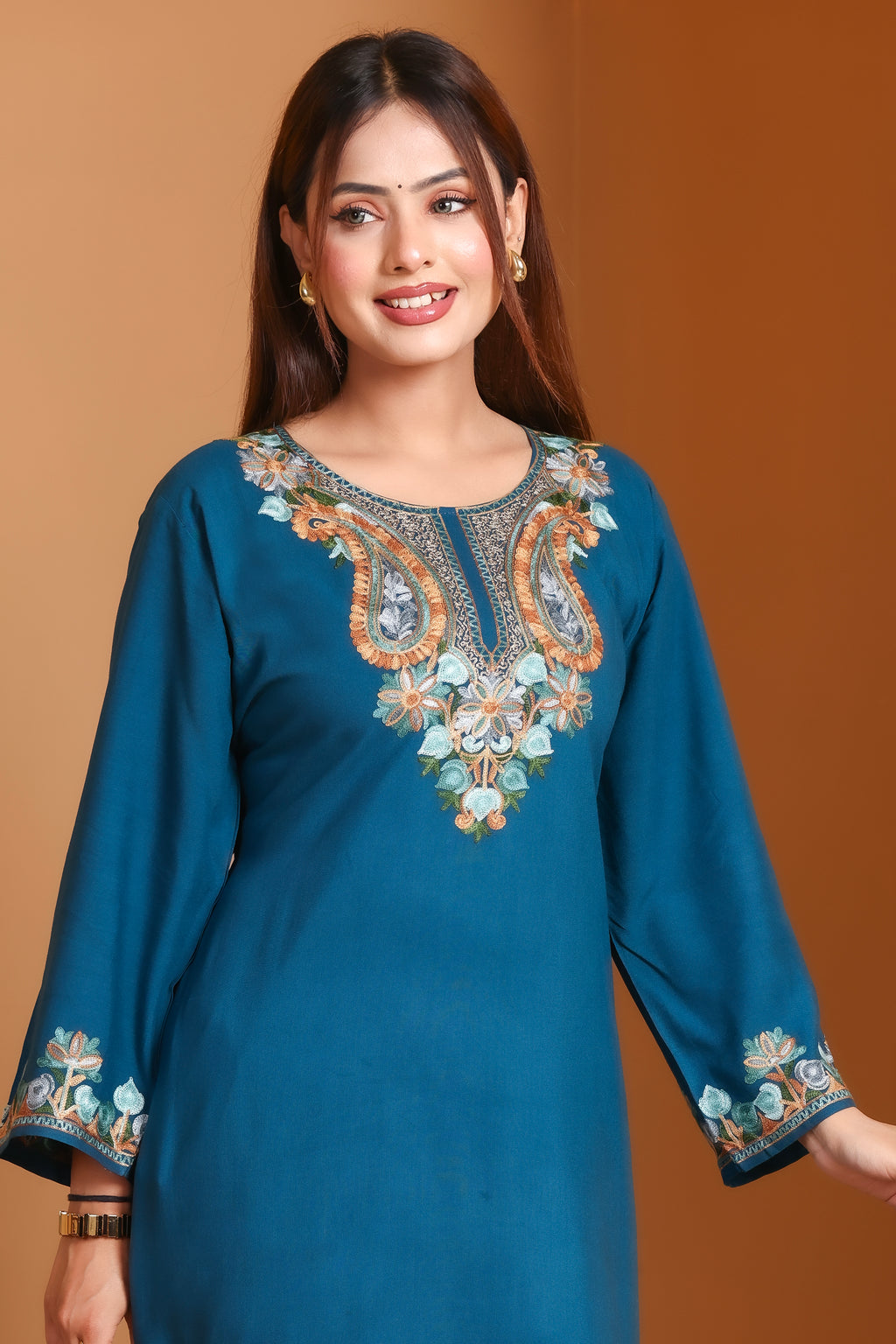 Navy Kashmiri Embroidered Rayon Cotton Co-Ord Set