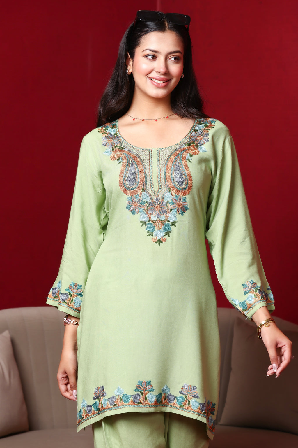 Olive Kashmiri Embroidered Rayon Cotton Co-Ord Set