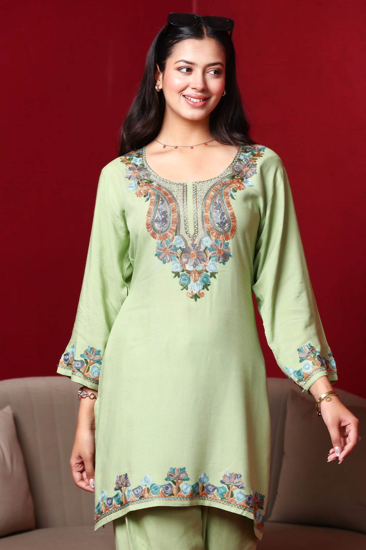 Olive Kashmiri Embroidered Rayon Cotton Co-Ord Set