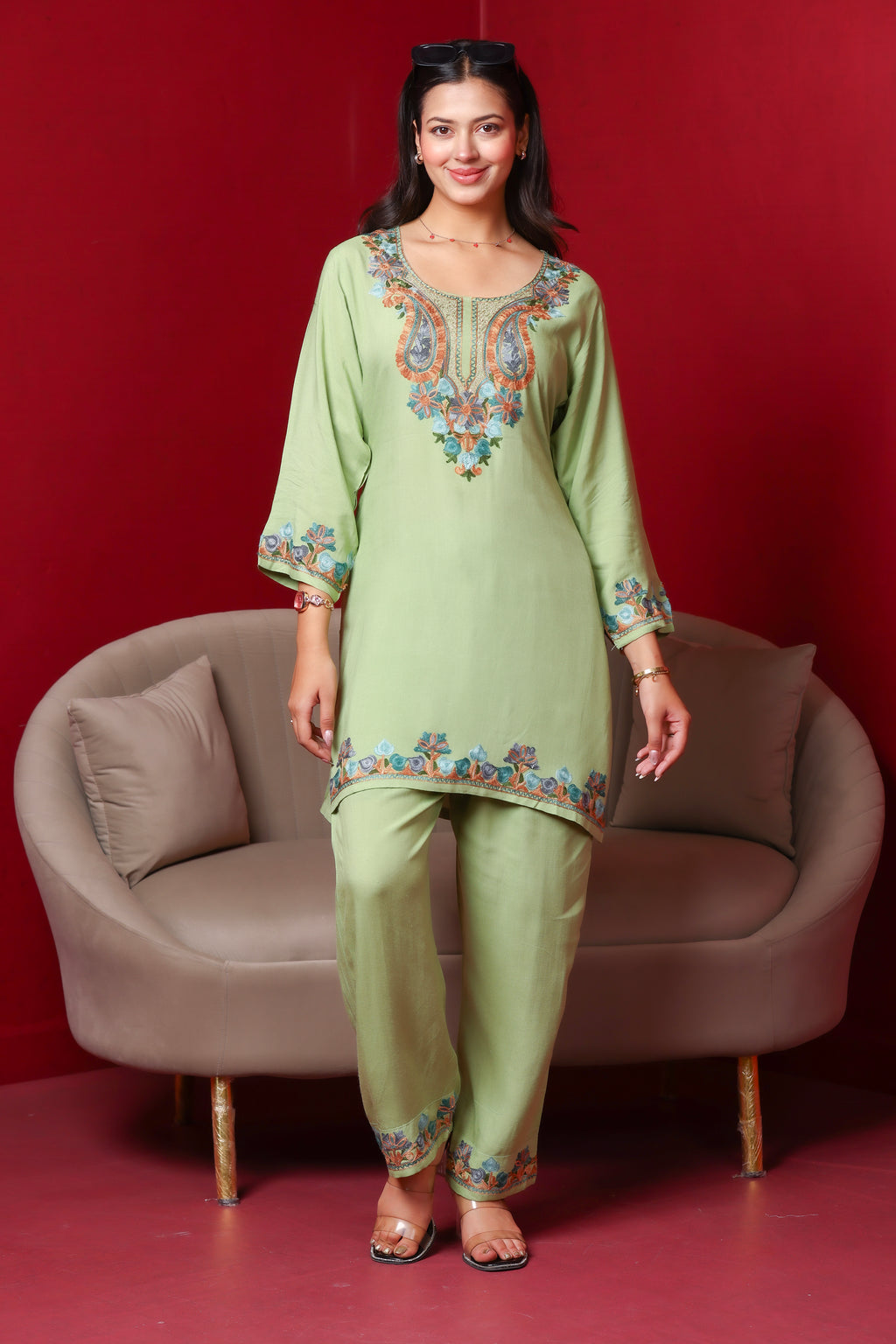 Olive Kashmiri Embroidered Rayon Cotton Co-Ord Set