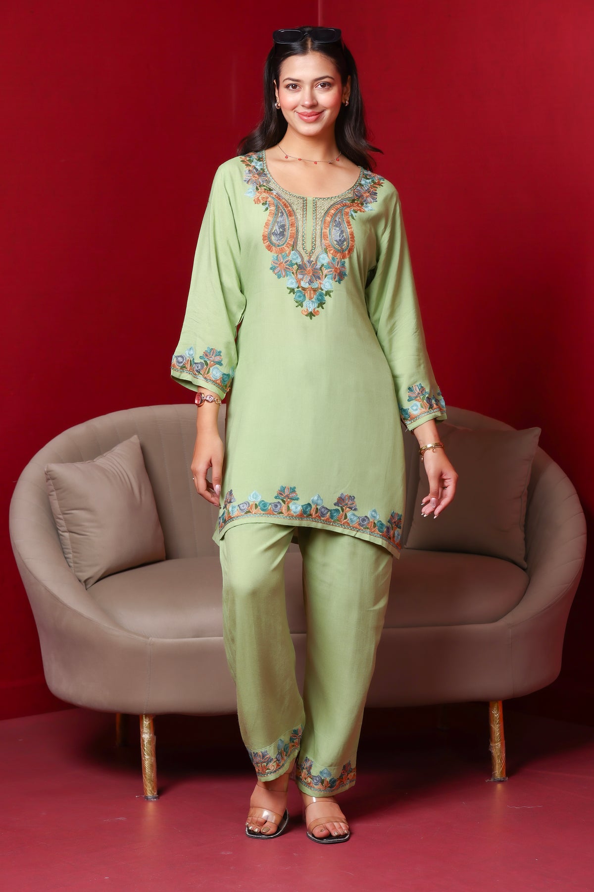 Olive Kashmiri Embroidered Rayon Cotton Co-Ord Set