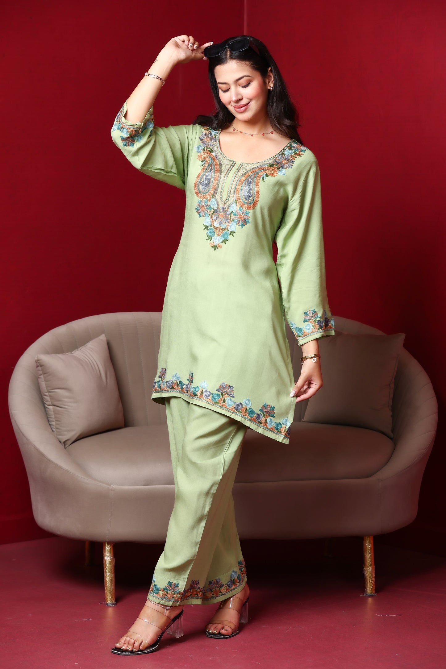 Olive Kashmiri Embroidered Rayon Cotton Co-Ord Set