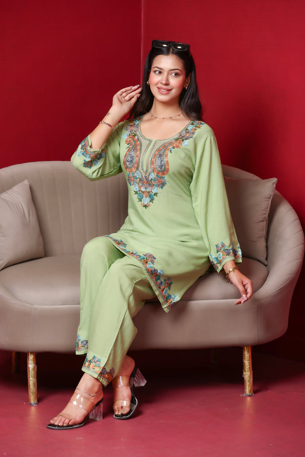 Olive Kashmiri Embroidered Rayon Cotton Co-Ord Set
