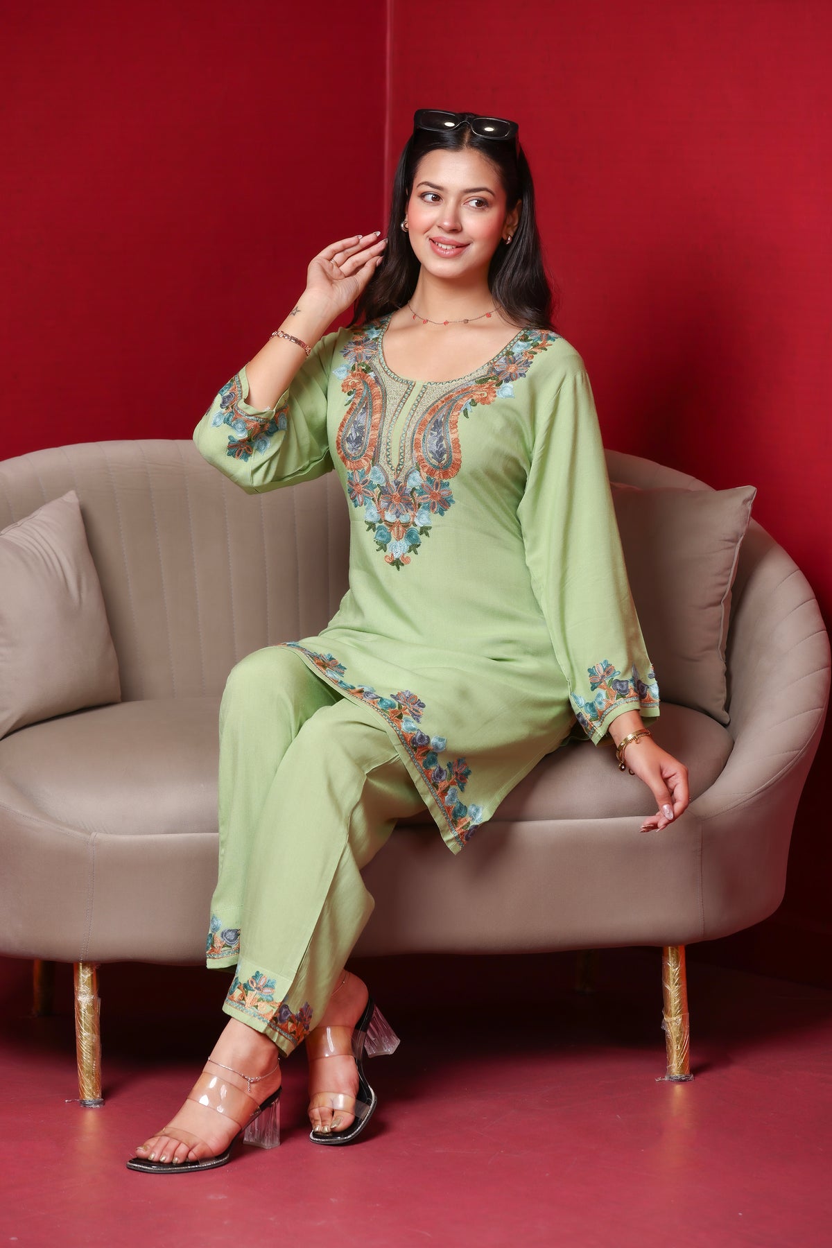 Olive Kashmiri Embroidered Rayon Cotton Co-Ord Set