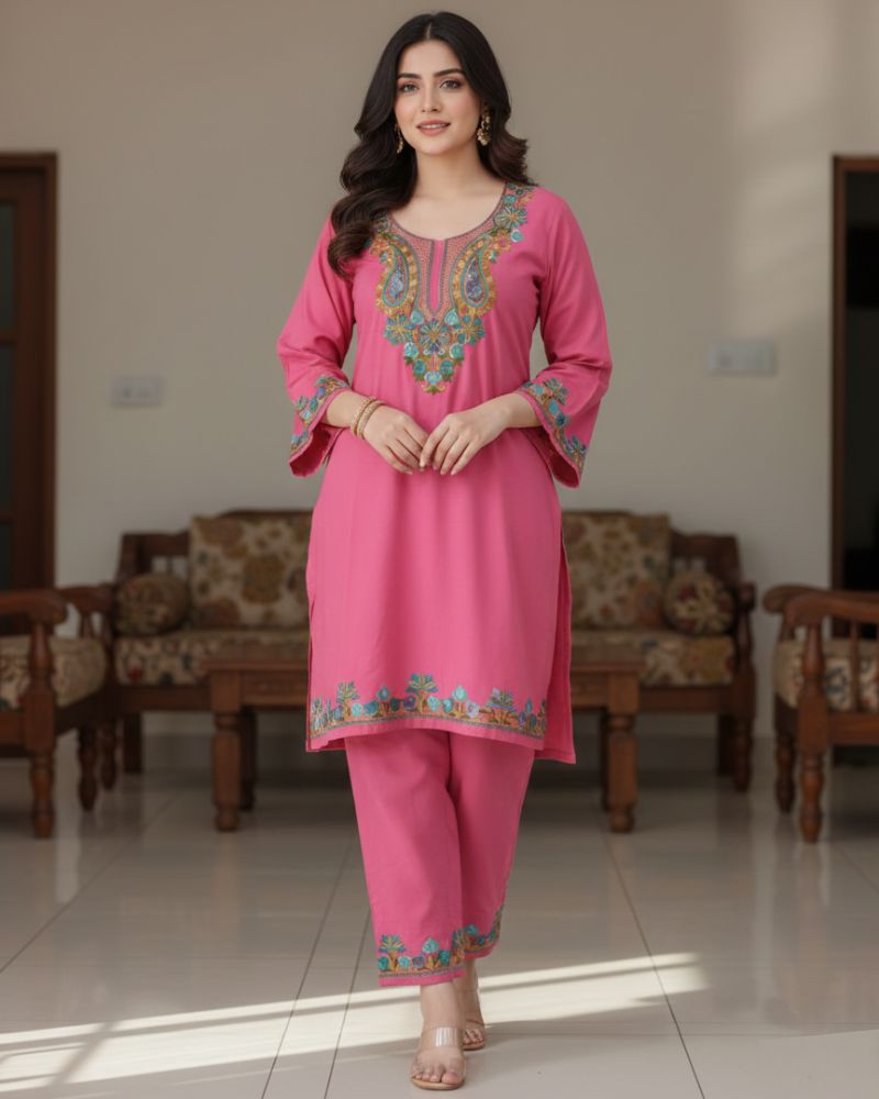Pink Kashmiri Embroidered Cotton Co-Ord Set