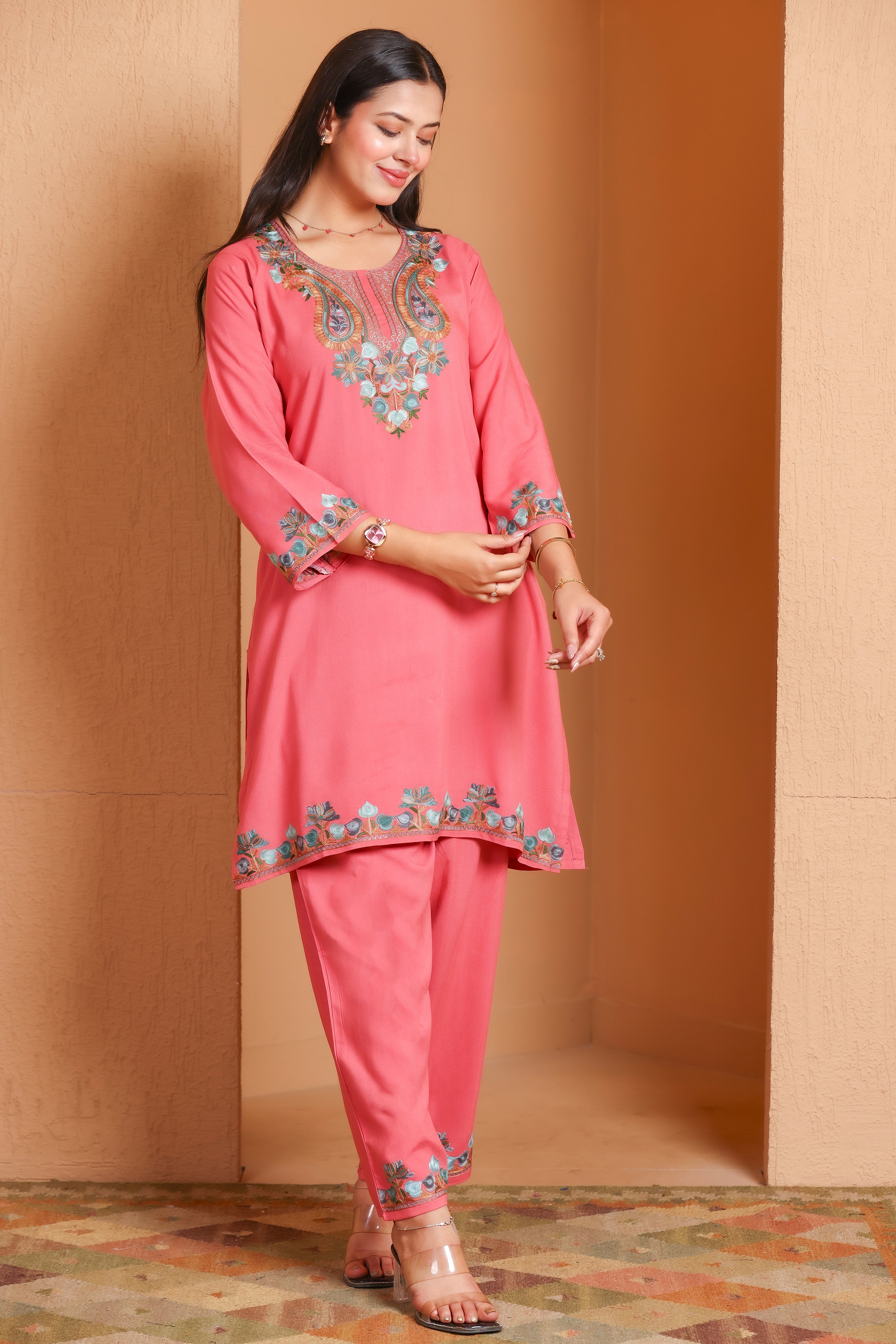 Pink Kashmiri Embroidered Rayon Cotton Co-Ord Set