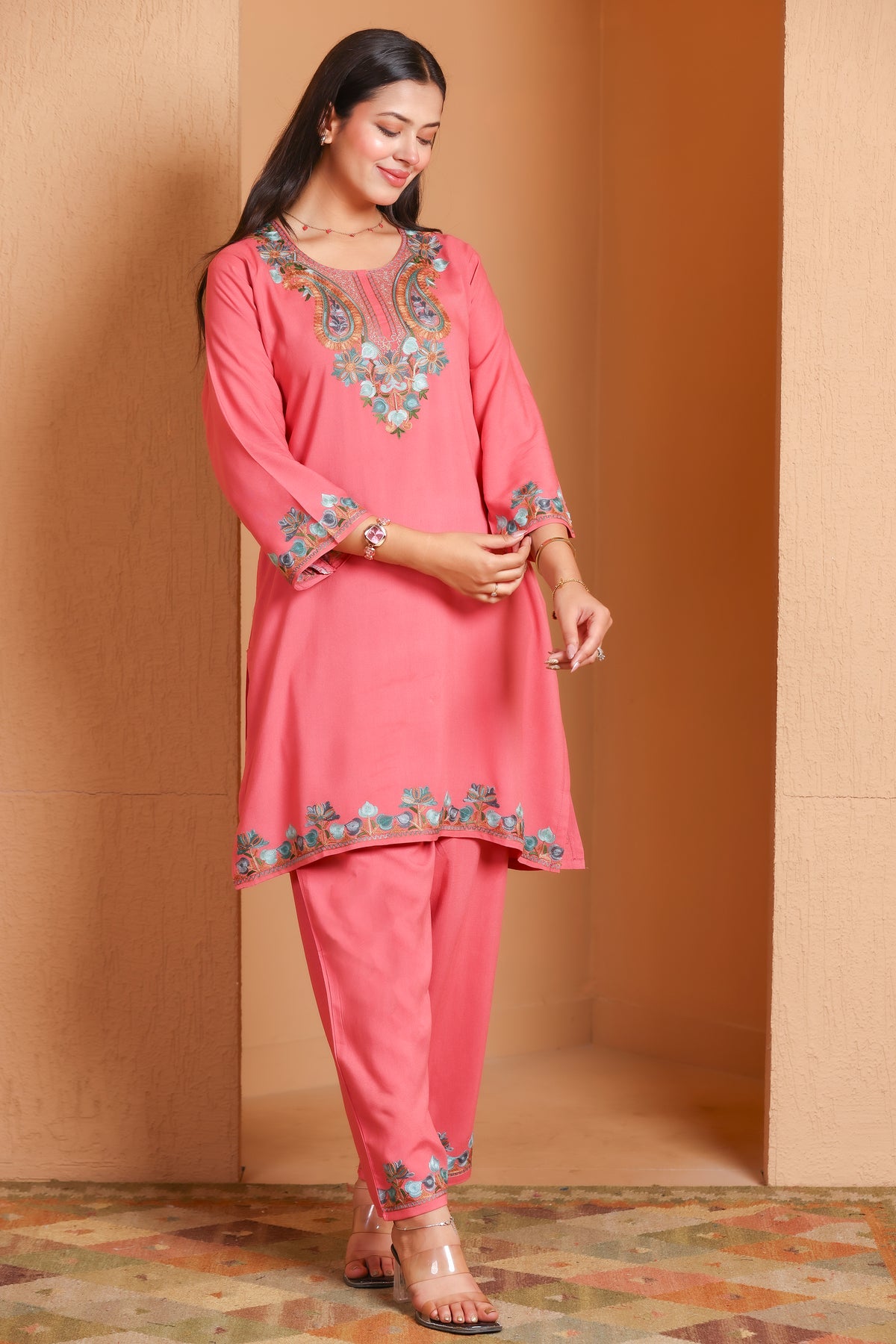 Pink Kashmiri Embroidered Rayon Cotton Co-Ord Set