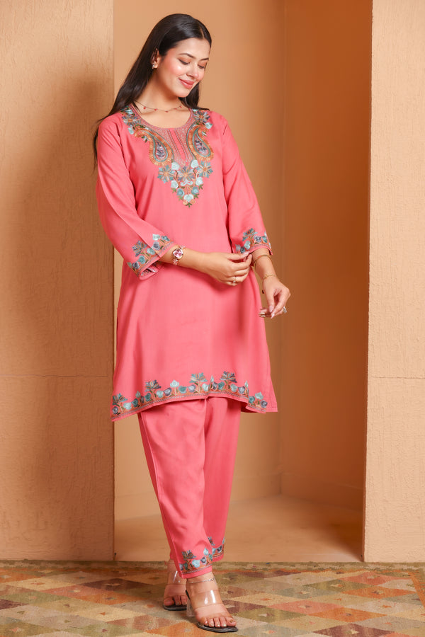 Pink Kashmiri Embroidered Rayon Cotton Co-Ord Set