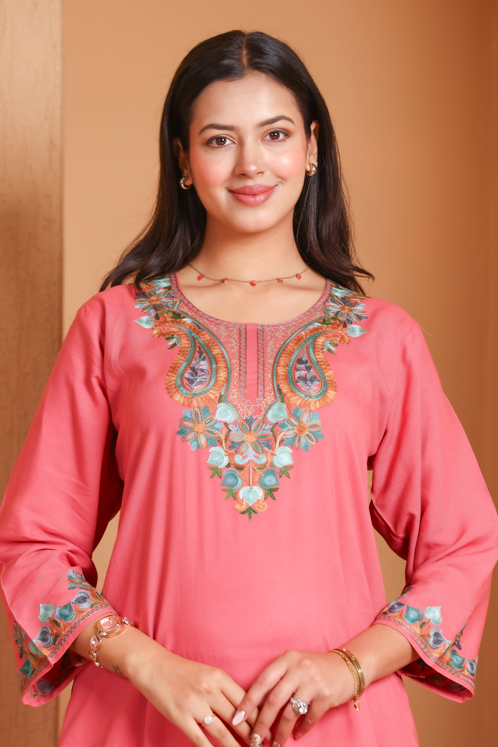 Pink Kashmiri Embroidered Rayon Cotton Co-Ord Set