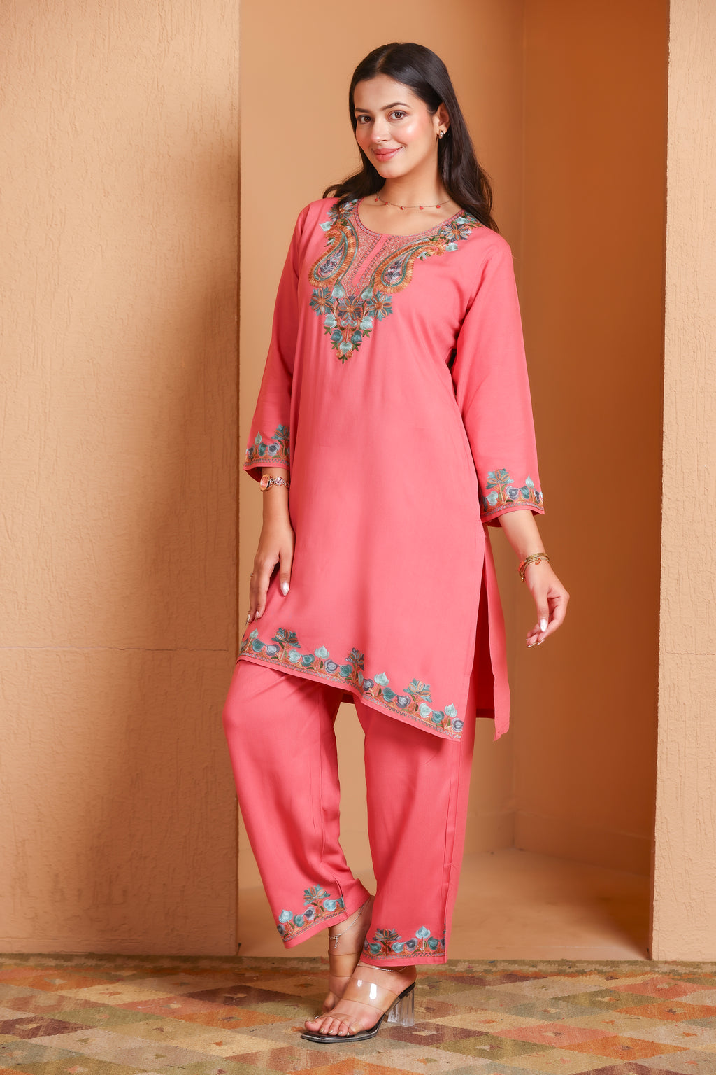 Pink Kashmiri Embroidered Rayon Cotton Co-Ord Set
