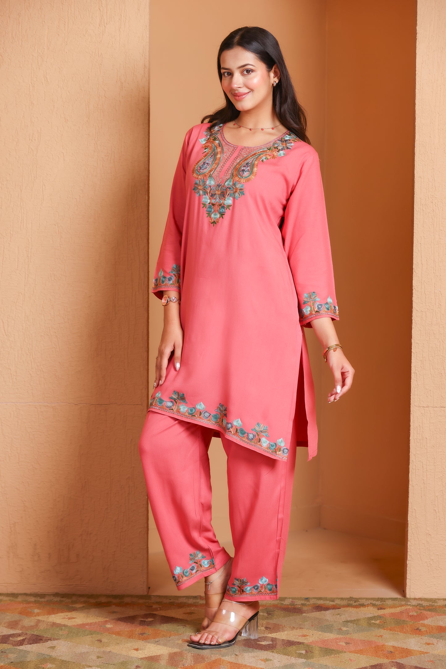 Pink Kashmiri Embroidered Rayon Cotton Co-Ord Set