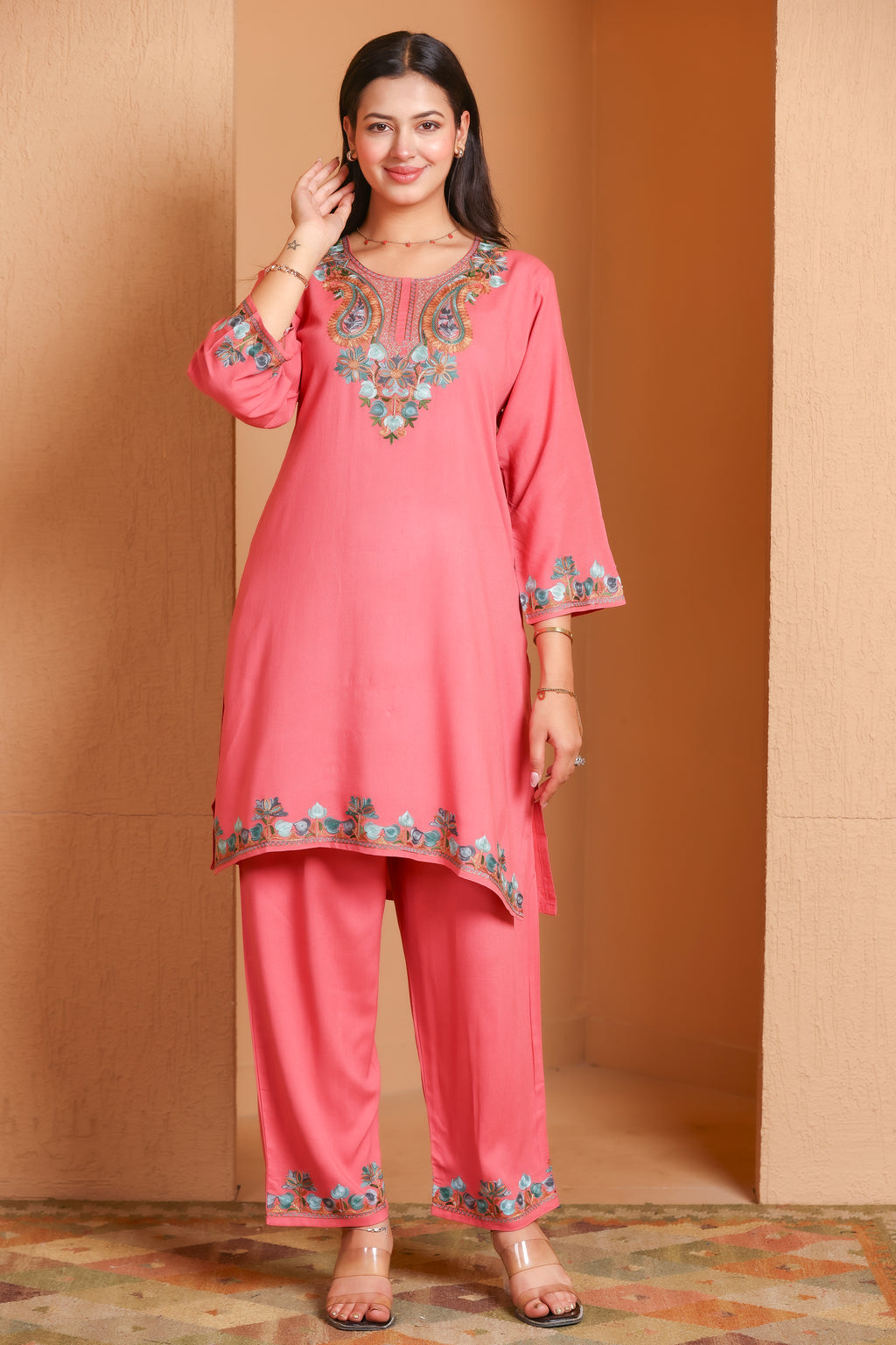 Pink Kashmiri Embroidered Rayon Cotton Co-Ord Set
