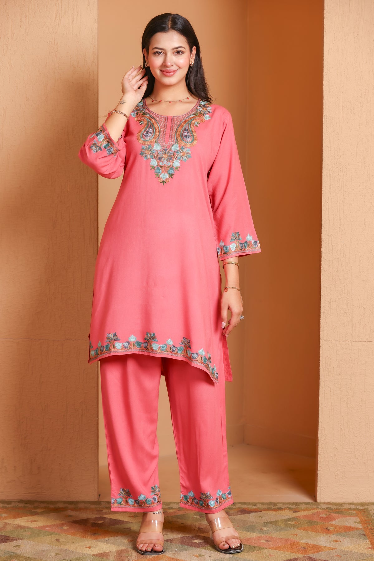 Pink Kashmiri Embroidered Rayon Cotton Co-Ord Set