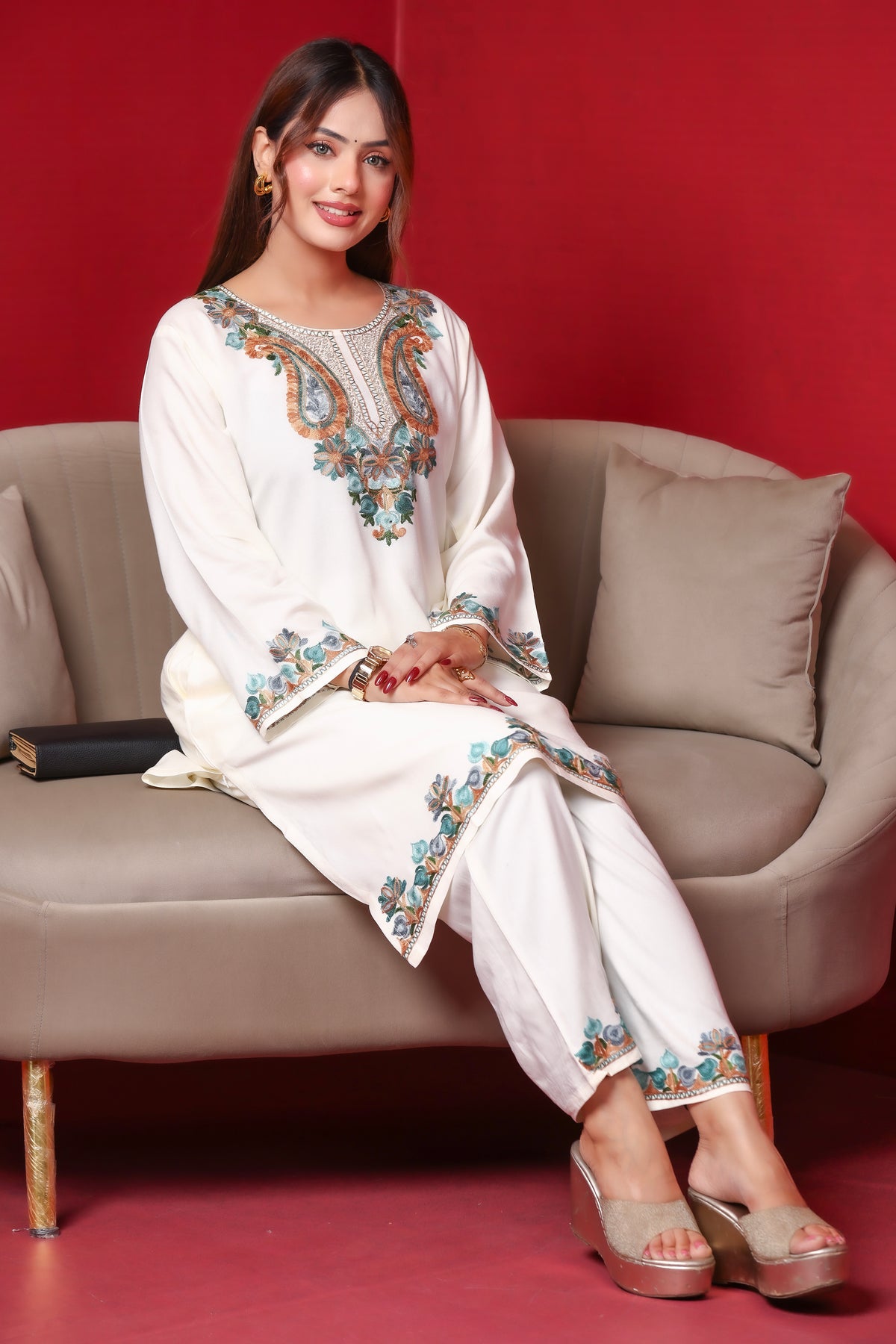 White Kashmiri Embroidered Rayon Cotton Co-Ord Set