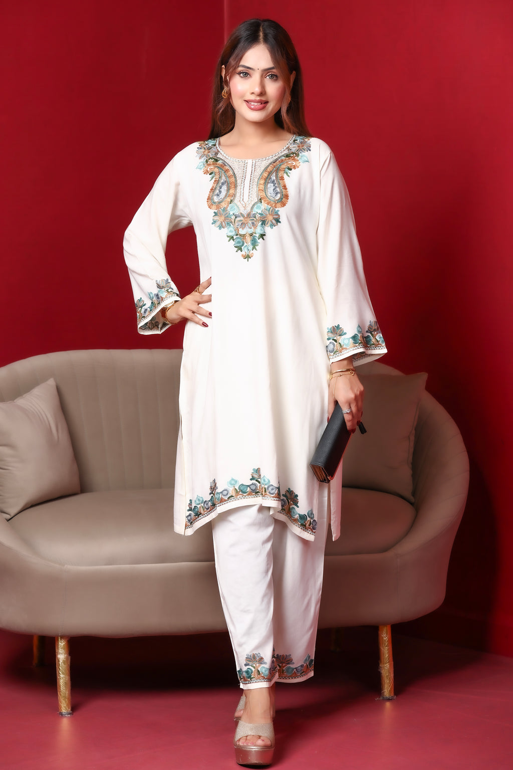 White Kashmiri Embroidered Rayon Cotton Co-Ord Set