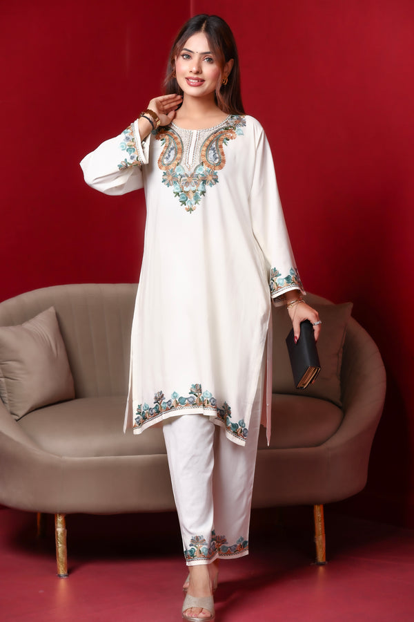 White Kashmiri Embroidered Rayon Cotton Co-Ord Set