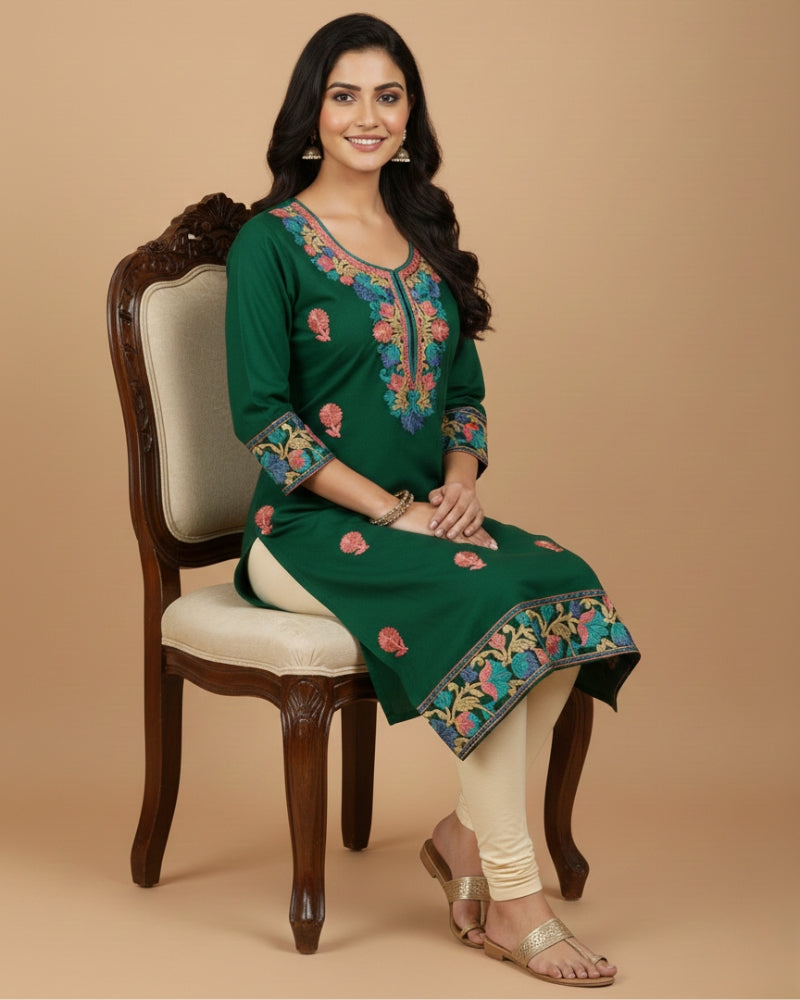 Green Kashmiri Long Kurti