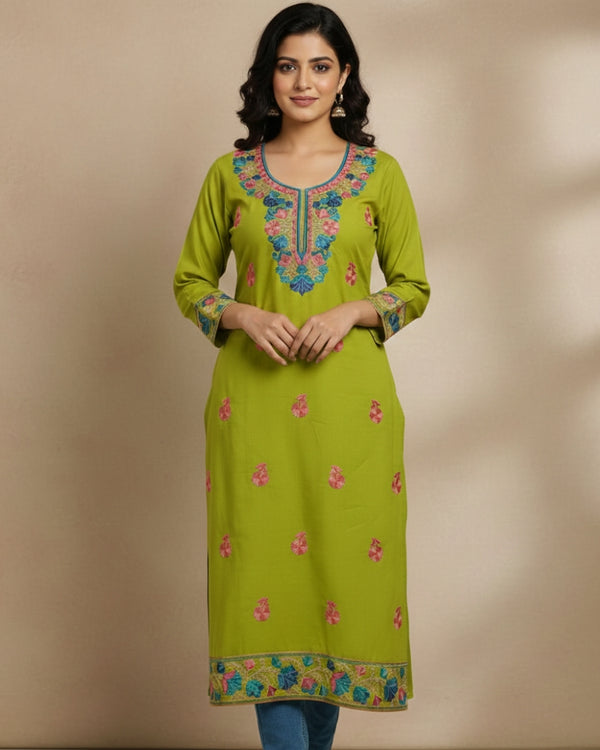 Olive Green Kashmiri Long Kurti