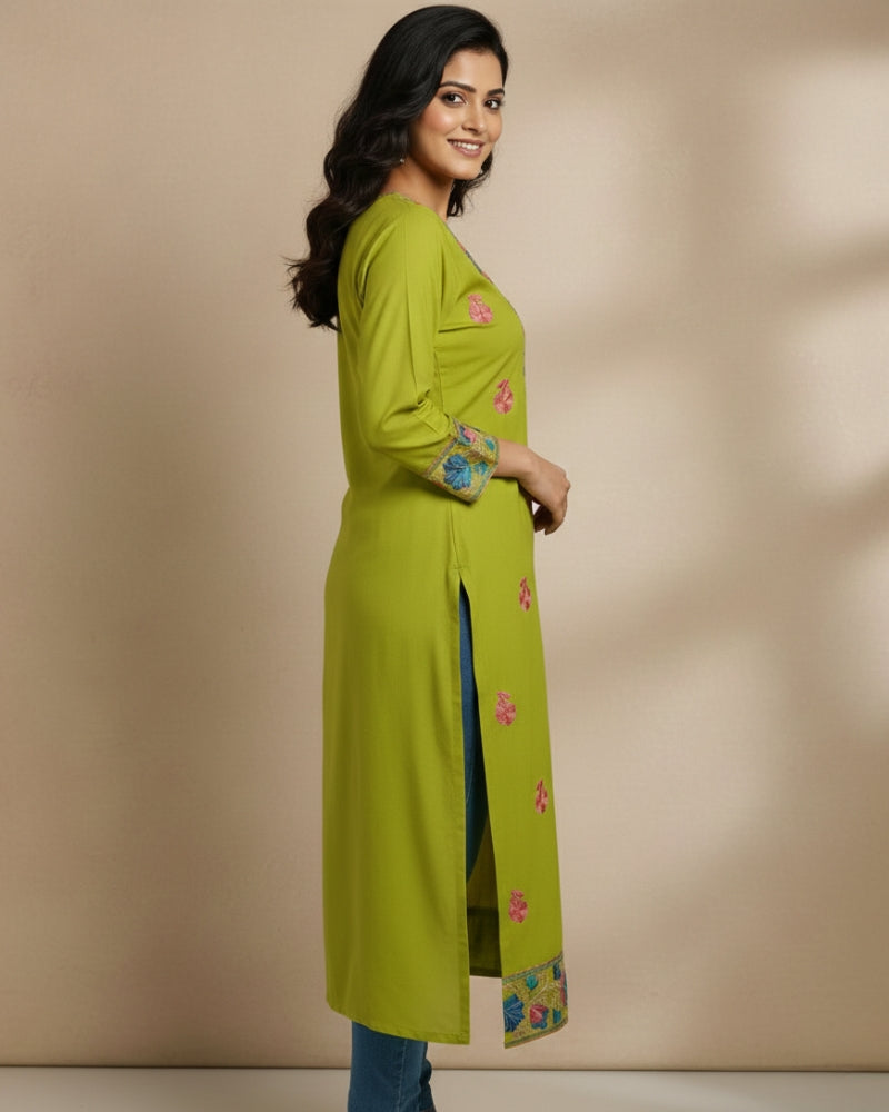 Olive Green Kashmiri Long Kurti