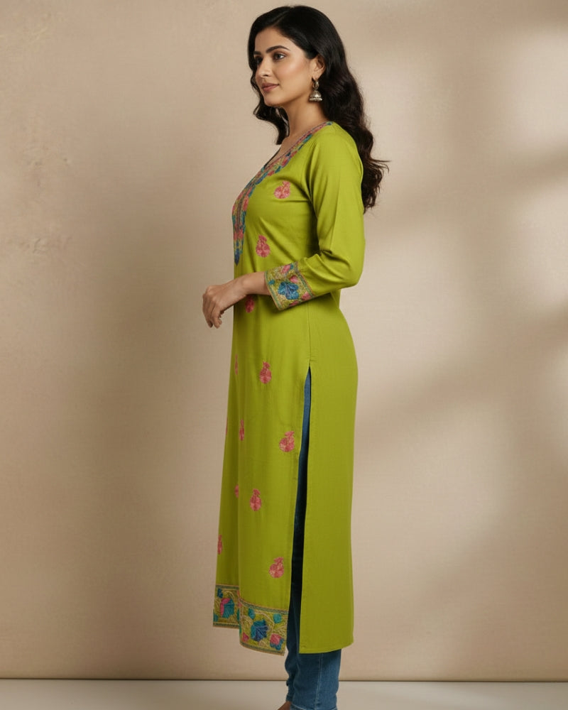 Olive Green Kashmiri Long Kurti