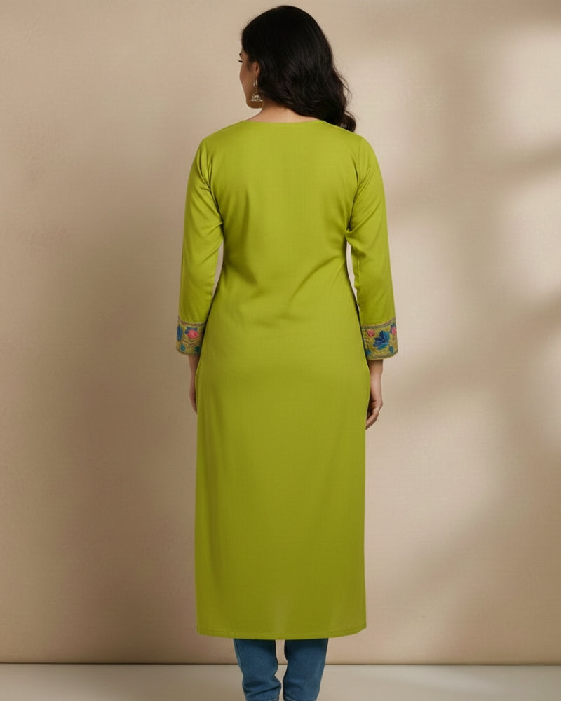 Olive Green Kashmiri Long Kurti