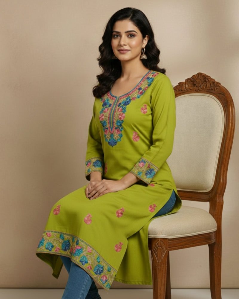 Olive Green Kashmiri Long Kurti