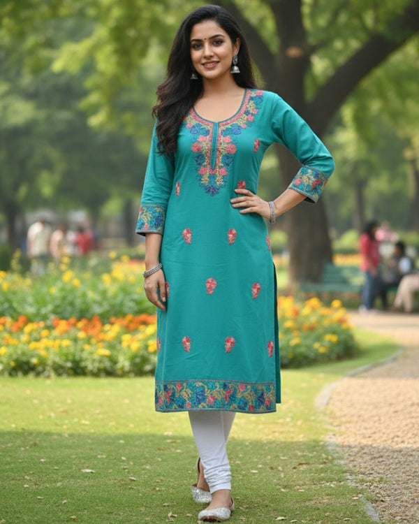 Sea Green Kashmiri Long Kurti