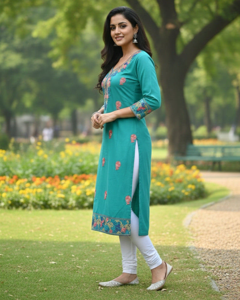 Sea Green Kashmiri Long Kurti
