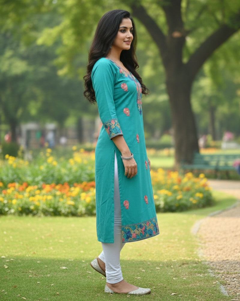 Sea Green Kashmiri Long Kurti