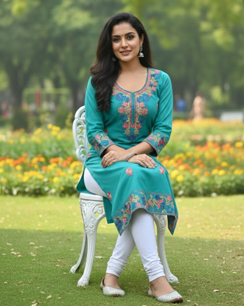 Sea Green Kashmiri Long Kurti