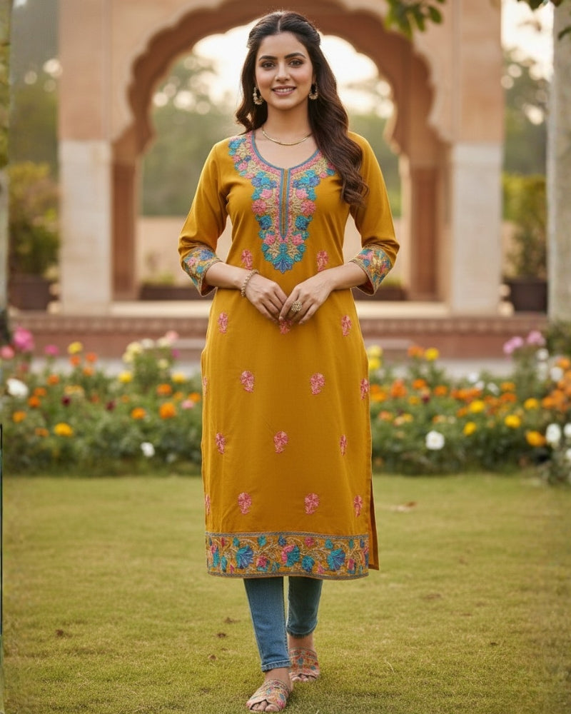 Mustard Kashmiri Long Kurti