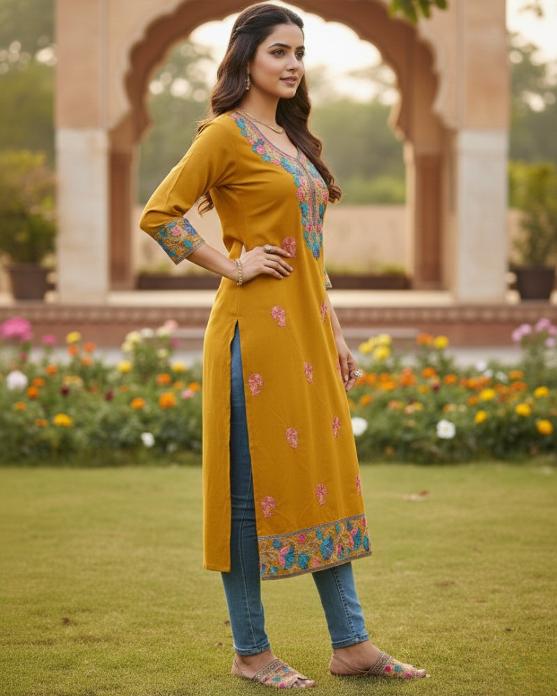 Mustard Kashmiri Long Kurti