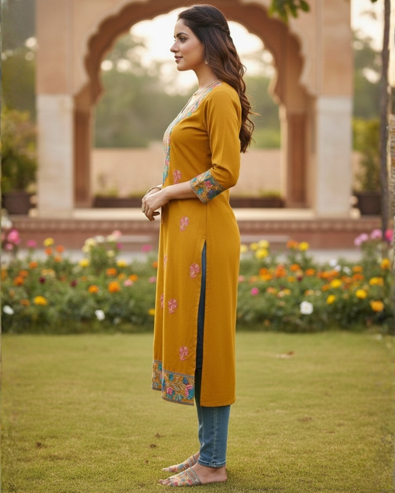 Mustard Kashmiri Long Kurti