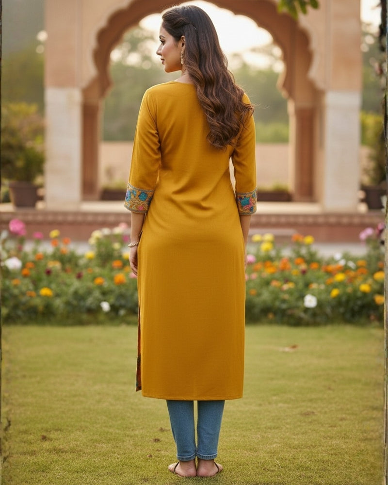 Mustard Kashmiri Long Kurti