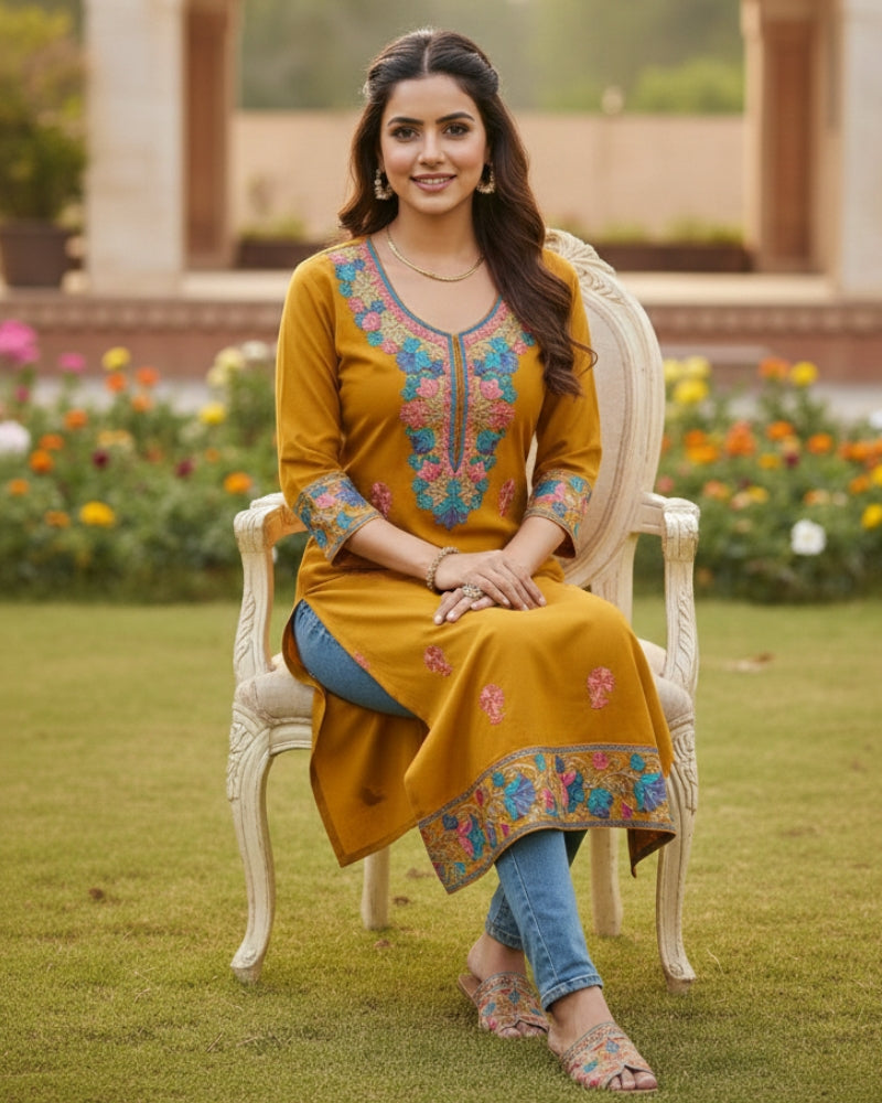 Mustard Kashmiri Long Kurti
