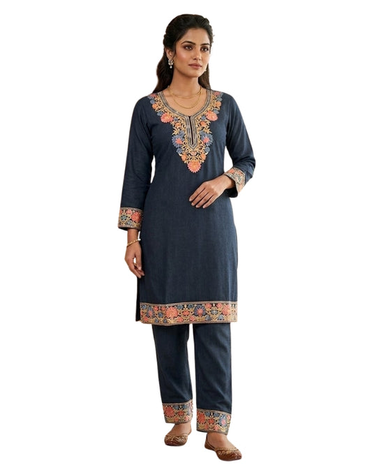 Kashmiri Embroidered Rayon Co-Ord Set - Black