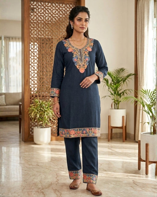 Kashmiri Embroidered Rayon Co-Ord Set - Black