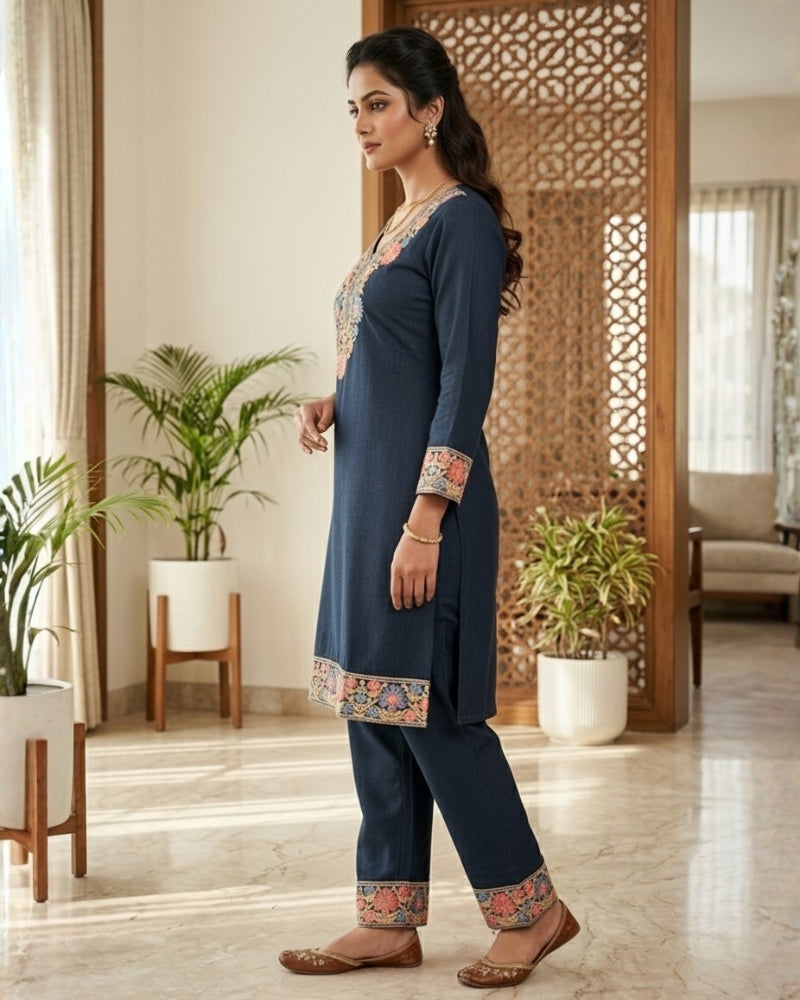 Kashmiri Embroidered Rayon Co-Ord Set - Black
